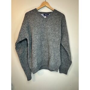 Vintage TOMMY HILFIGER Unisex V-Neck Sweater XL Grey 100% Wool Made In INDIA